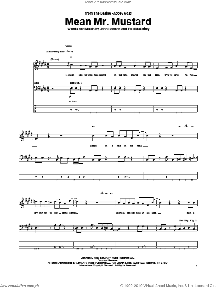 Mean Mr. Mustard sheet music for bass (tablature) (bass guitar) by The Beatles, John Lennon and Paul McCartney, intermediate skill level