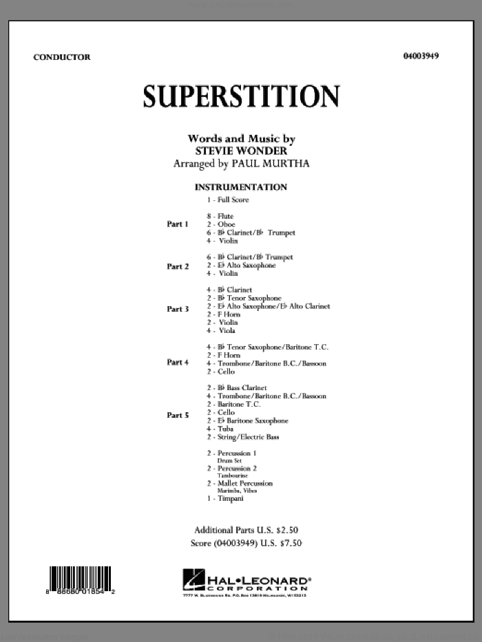 Superstition (COMPLETE) sheet music for concert band by Paul Murtha and Stevie Wonder, intermediate skill level