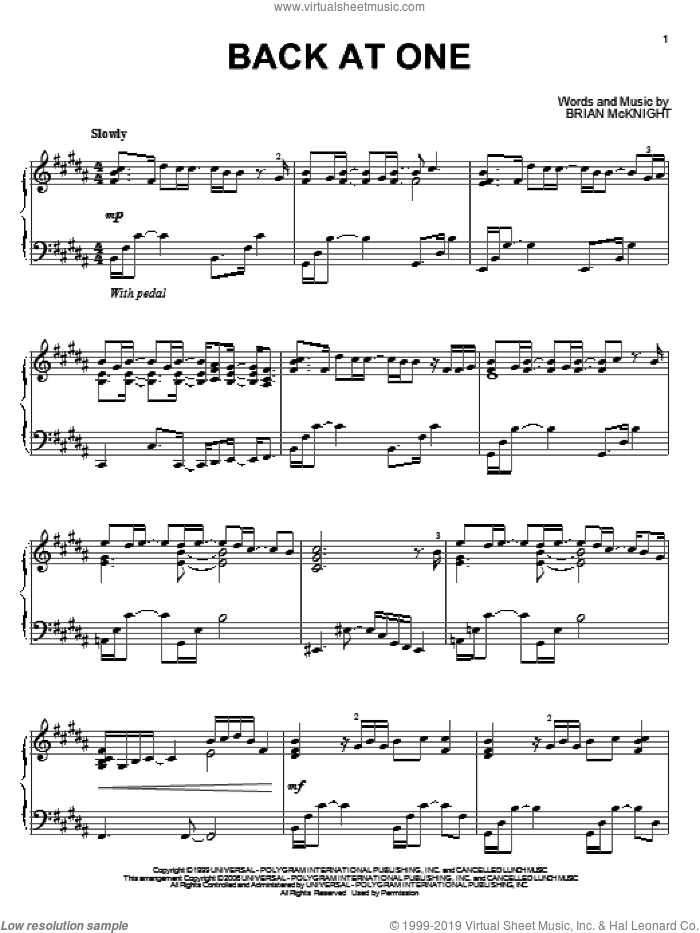 Back At One, (intermediate) sheet music for piano solo by Brian McKnight, wedding score, intermediate skill level