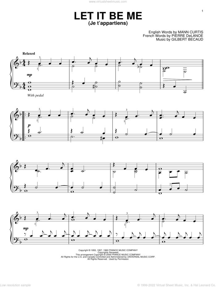 Let It Be Me (Je T'appartiens) sheet music for piano solo by Elvis Presley, Gilbert Becaud, Mann Curtis and Pierre Delanoe, wedding score, intermediate skill level