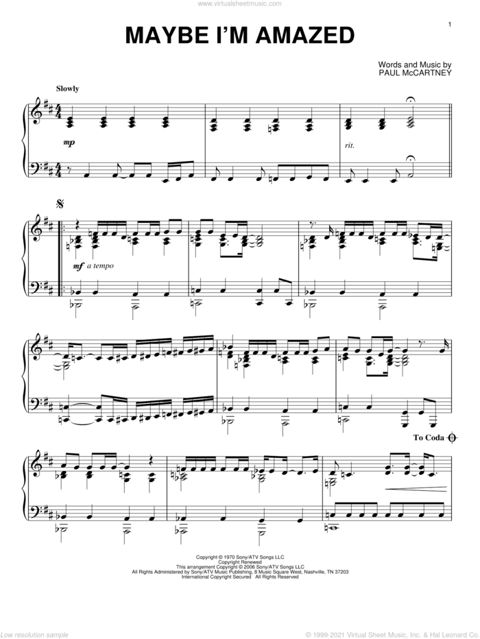 Maybe I'm Amazed sheet music for piano solo by Paul McCartney, wedding score, intermediate skill level