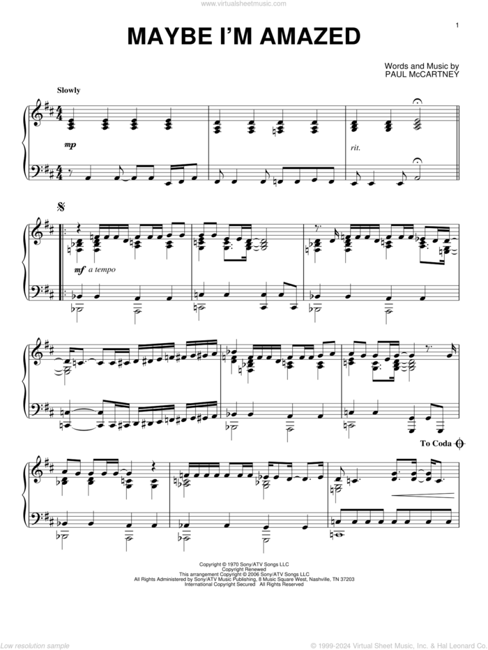 Maybe I'm Amazed sheet music for piano solo by Paul McCartney, wedding score, intermediate skill level