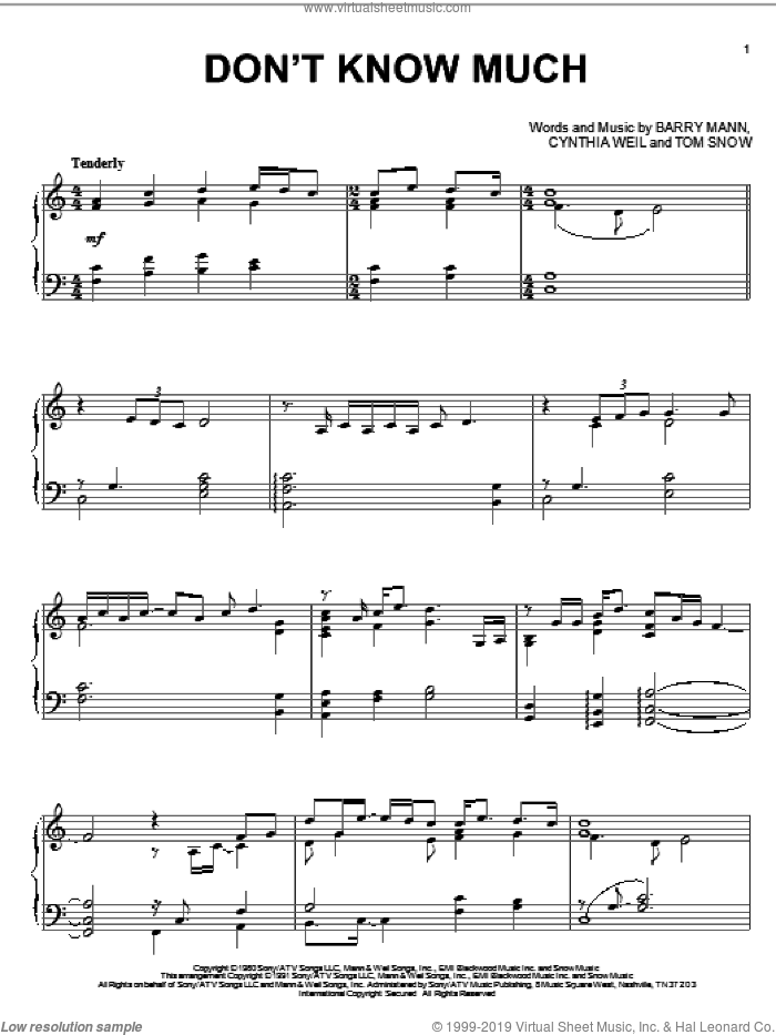 Don't Know Much sheet music for piano solo by Aaron Neville and Linda Ronstadt, Aaron Neville, Linda Ronstadt, Linda Ronstadt and Aaron Neville, Barry Mann, Cynthia Weil and Tom Snow, wedding score, intermediate skill level