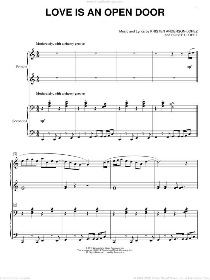 Love Is An Open Door (from Frozen) sheet music for piano four hands by Robert Lopez, Kristen Bell & Santino Fontana and Kristen Anderson-Lopez, intermediate skill level