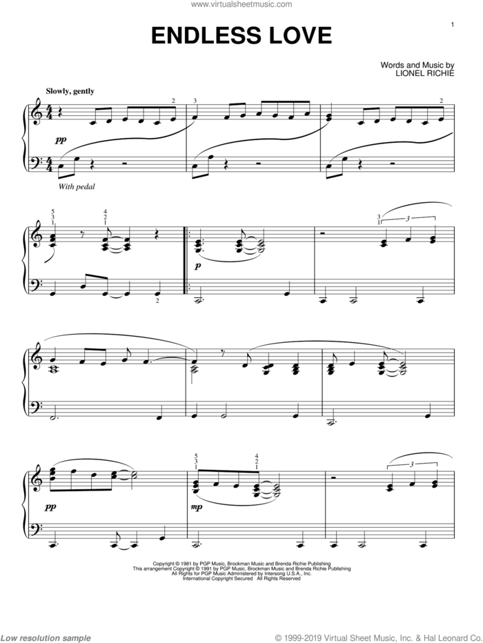 Endless Love, (intermediate) sheet music for piano solo by Lionel Richie & Diana Ross, Diana Ross and Lionel Richie, wedding score, intermediate skill level