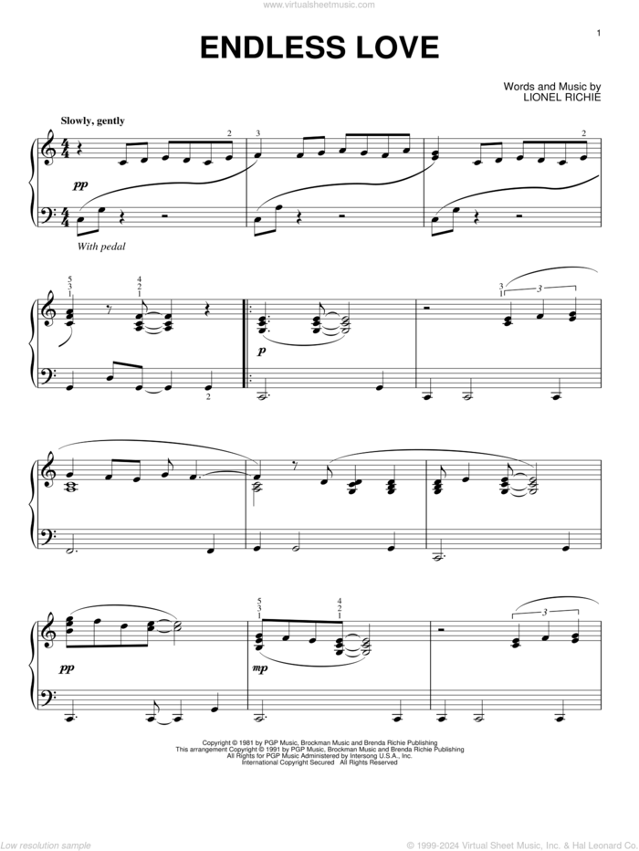 Endless Love, (intermediate) sheet music for piano solo by Lionel Richie & Diana Ross, Diana Ross and Lionel Richie, wedding score, intermediate skill level