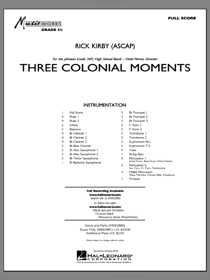 Three Colonial Moments (COMPLETE) sheet music for concert band by Rick Kirby, intermediate skill level