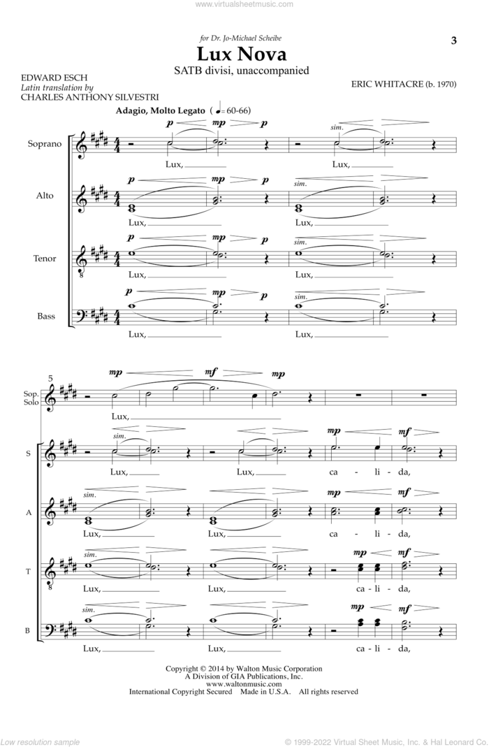 Lux Nova sheet music for choir (SATB: soprano, alto, tenor, bass) by Eric Whitacre, intermediate skill level
