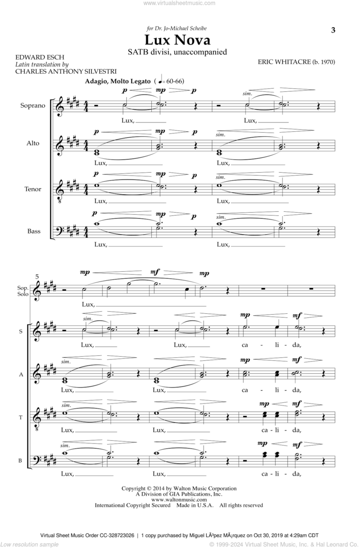 Lux Nova sheet music for choir (SATB: soprano, alto, tenor, bass) by Eric Whitacre, intermediate skill level