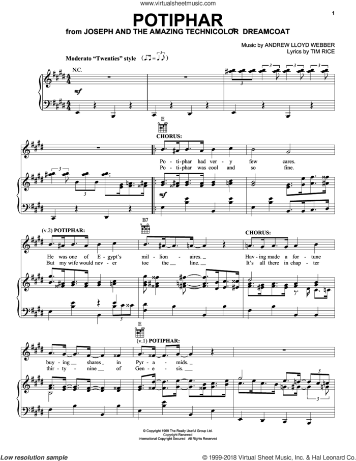 Potiphar (from Joseph And The Amazing Technicolor Dreamcoat) sheet music for voice, piano or guitar by Andrew Lloyd Webber and Tim Rice, intermediate skill level