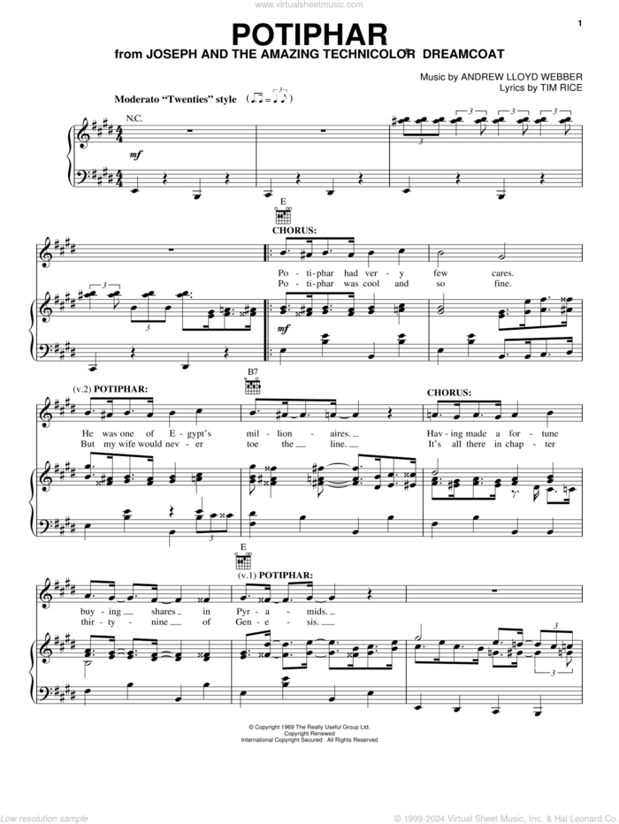 Potiphar (from Joseph And The Amazing Technicolor Dreamcoat) sheet music for voice, piano or guitar by Andrew Lloyd Webber and Tim Rice, intermediate skill level