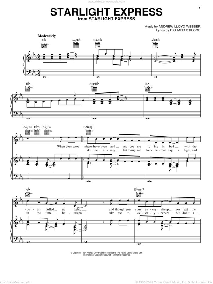 Starlight Express sheet music for voice, piano or guitar by Andrew Lloyd Webber and Richard Stilgoe, intermediate skill level