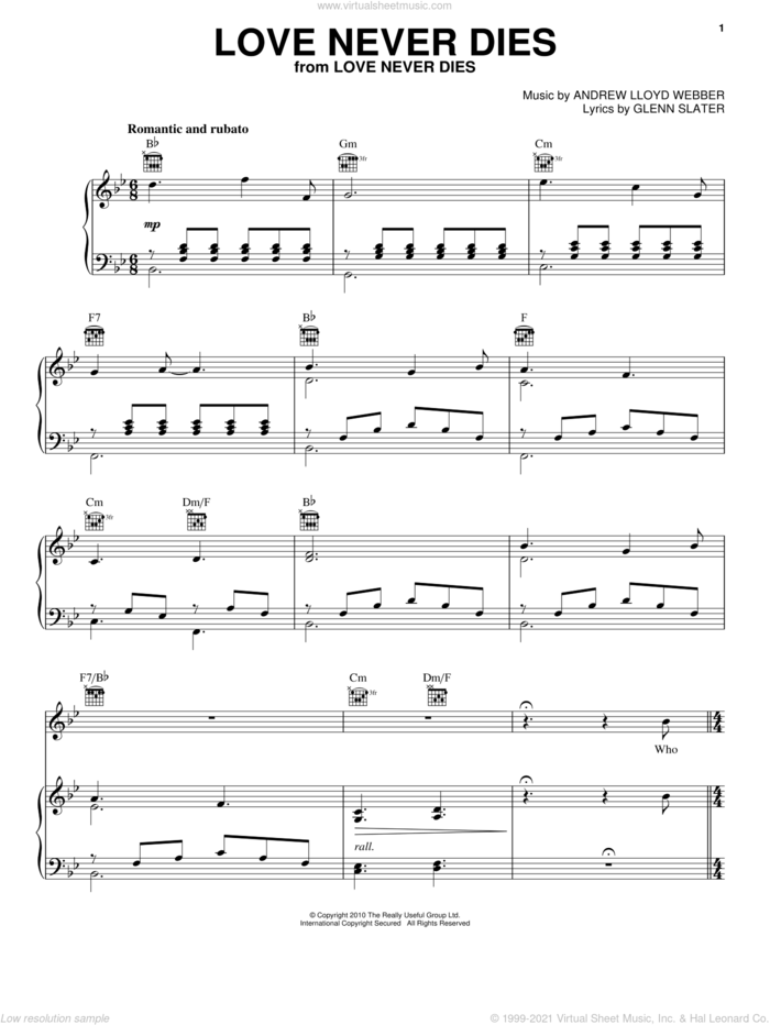 Love Never Dies sheet music for voice, piano or guitar by Andrew Lloyd Webber and Glenn Slater, intermediate skill level