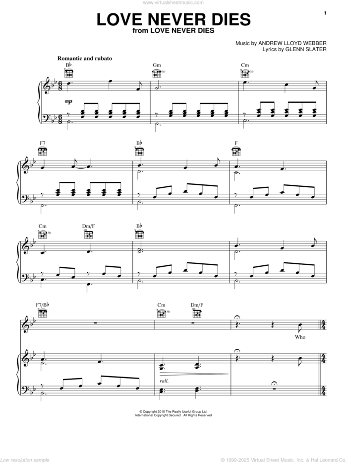 Love Never Dies sheet music for voice, piano or guitar by Andrew Lloyd Webber and Glenn Slater, intermediate skill level