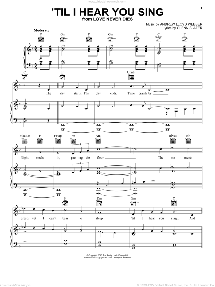 'Til I Hear You Sing (from Love Never Dies) sheet music for voice, piano or guitar by Andrew Lloyd Webber and Glenn Slater, intermediate skill level