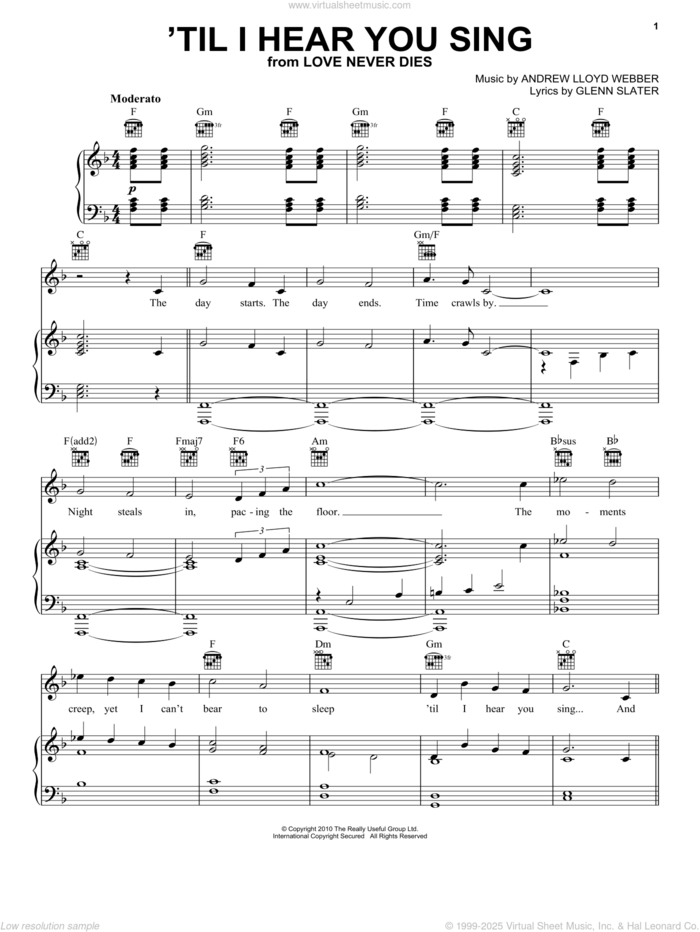 'Til I Hear You Sing (from Love Never Dies) sheet music for voice, piano or guitar by Andrew Lloyd Webber and Glenn Slater, intermediate skill level