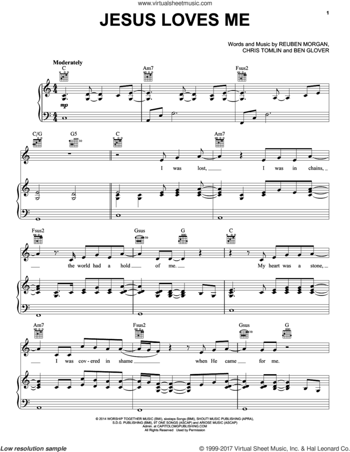 Jesus Loves Me sheet music for voice, piano or guitar by Chris Tomlin, Ben Glover and Reuben Morgan, intermediate skill level