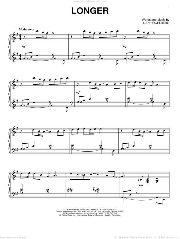 Longer, (intermediate) sheet music for piano solo by Dan Fogelberg, wedding score, intermediate skill level