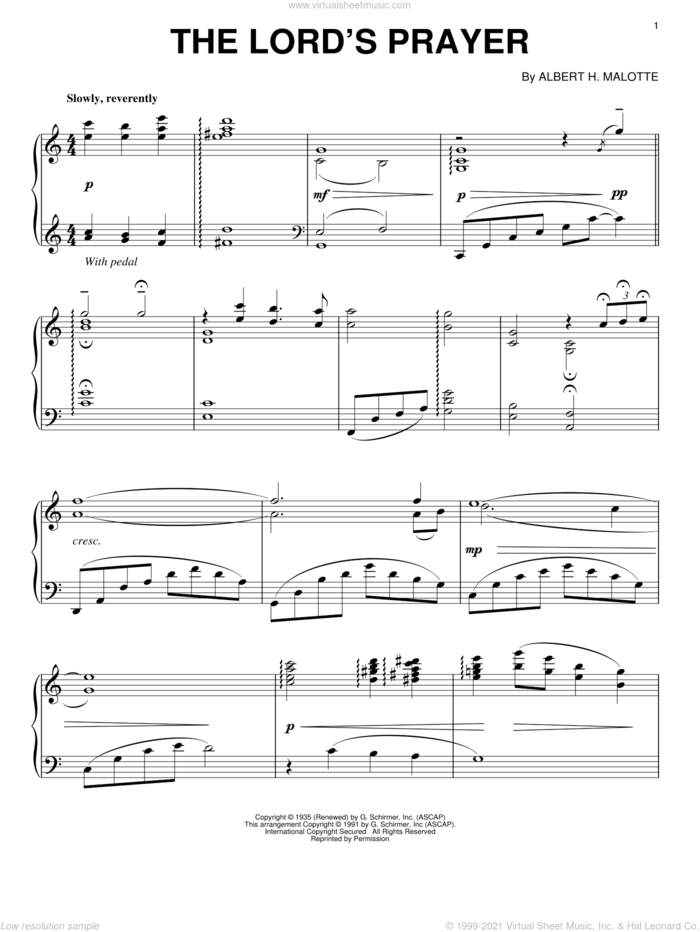The Lord's Prayer sheet music for piano solo by Albert H. Malotte, wedding score, intermediate skill level