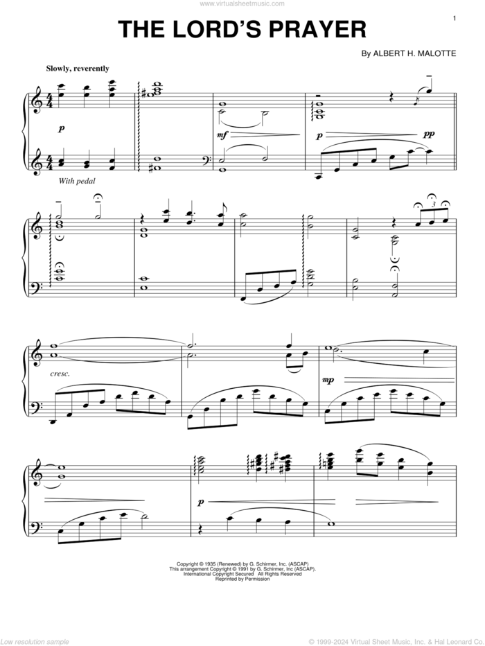 The Lord's Prayer sheet music for piano solo by Albert H. Malotte, wedding score, intermediate skill level