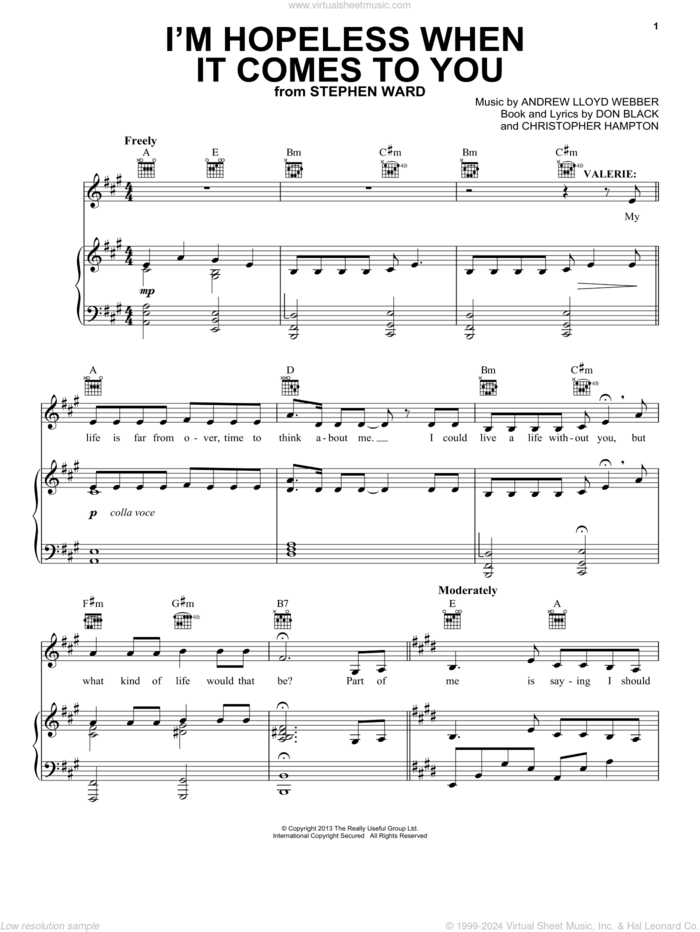 I'm Hopeless When It Comes To You (from Stephen Ward) sheet music for voice, piano or guitar by Andrew Lloyd Webber, Christopher Hampton and Don Black, intermediate skill level