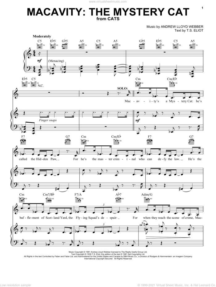 Macavity: The Mystery Cat (from Cats) sheet music for voice, piano or guitar by Andrew Lloyd Webber and T.S. Eliot, intermediate skill level