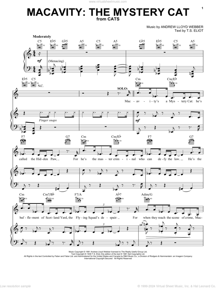 Macavity: The Mystery Cat (from Cats) sheet music for voice, piano or guitar by Andrew Lloyd Webber and T.S. Eliot, intermediate skill level