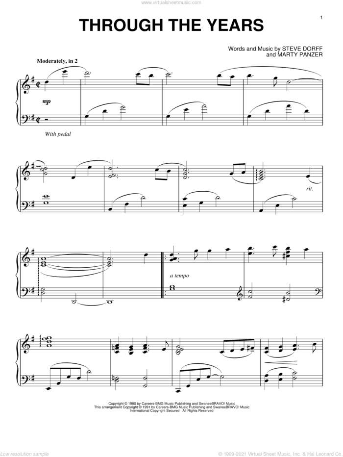 Through The Years, (intermediate) sheet music for piano solo by Kenny Rogers, Marty Panzer and Steve Dorff, wedding score, intermediate skill level