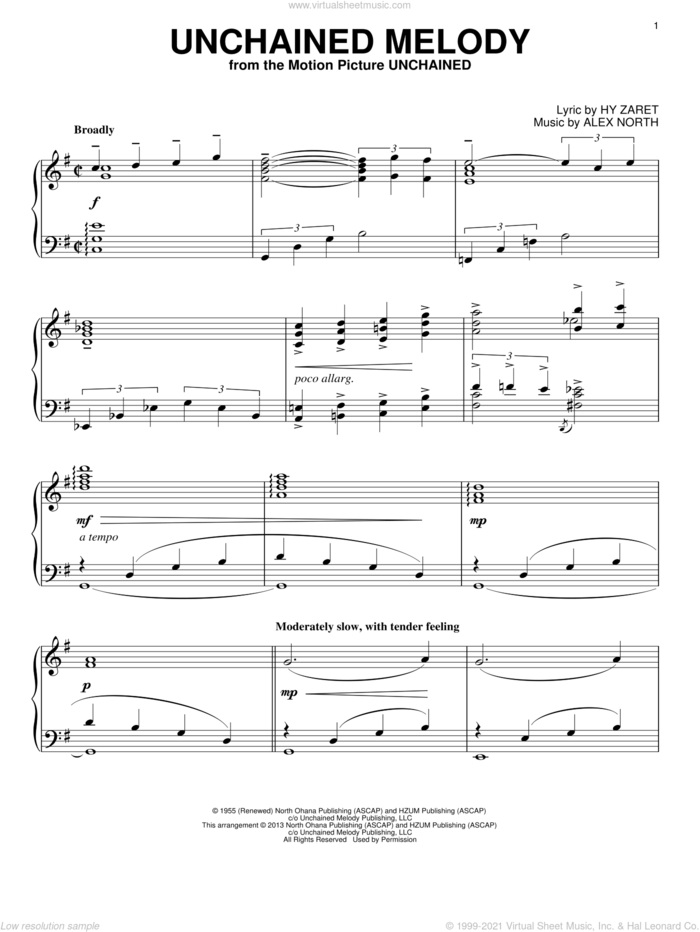 Unchained Melody, (intermediate) sheet music for piano solo by The Righteous Brothers, Barry Manilow, Elvis Presley, Alex North and Hy Zaret, wedding score, intermediate skill level