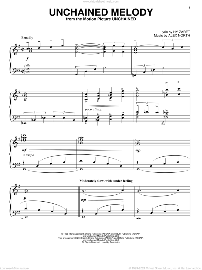 Unchained Melody sheet music for piano solo by The Righteous Brothers, Barry Manilow, Elvis Presley, Alex North and Hy Zaret, wedding score, intermediate skill level