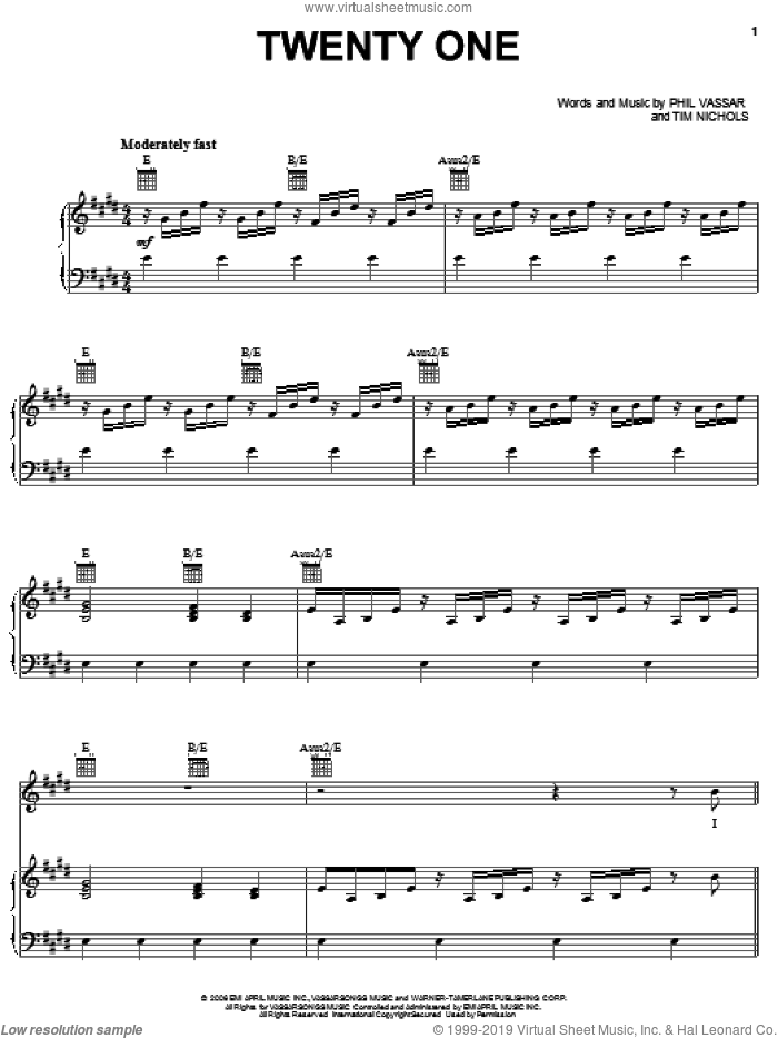 Twenty One sheet music for voice, piano or guitar by Phil Vassar and Tim Nichols, intermediate skill level