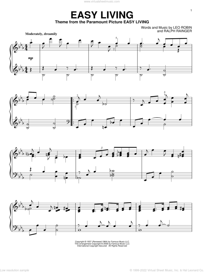 Easy Living, (intermediate) sheet music for piano solo by Billie Holiday, Leo Robin and Ralph Rainger, intermediate skill level