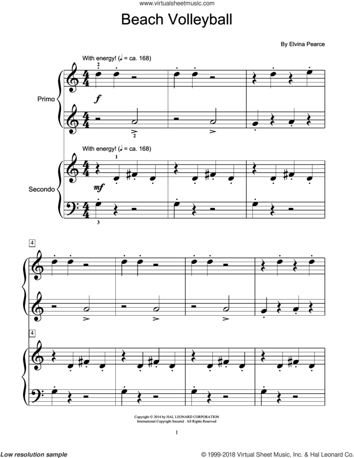 Beach Volleyball sheet music for piano four hands by Elvina Pearce, intermediate skill level