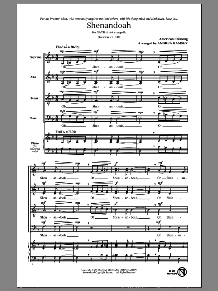 Shenandoah sheet music for choir (SATB: soprano, alto, tenor, bass) by Andrea Ramsey, intermediate skill level