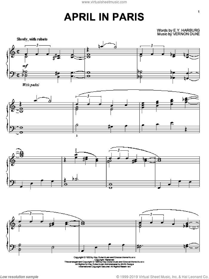 April In Paris (arr. Bill Boyd) sheet music for piano solo by Count Basie, Coleman Hawkins, E.Y. Harburg and Vernon Duke, wedding score, intermediate skill level