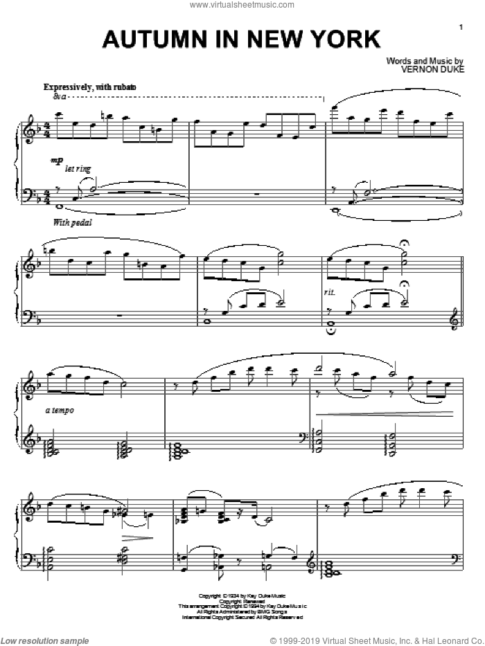 Autumn In New York, (intermediate) sheet music for piano solo by Vernon Duke, Bud Powell and Jo Stafford, intermediate skill level