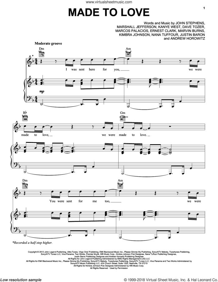 Made To Love sheet music for voice, piano or guitar by John Legend, Andrew Horowitz, Dave Tozer, Ernest Clark, John Stephens, Justin Baron, Kanye West, Kimbra Johnson, Marcos Palacios, Marshall Jefferson, Marvin Burns and Nana Tuffour, intermediate skill level