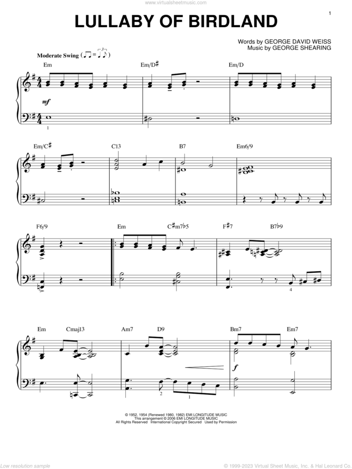 Lullaby Of Birdland, (intermediate) sheet music for piano solo by George Shearing and George David Weiss, intermediate skill level