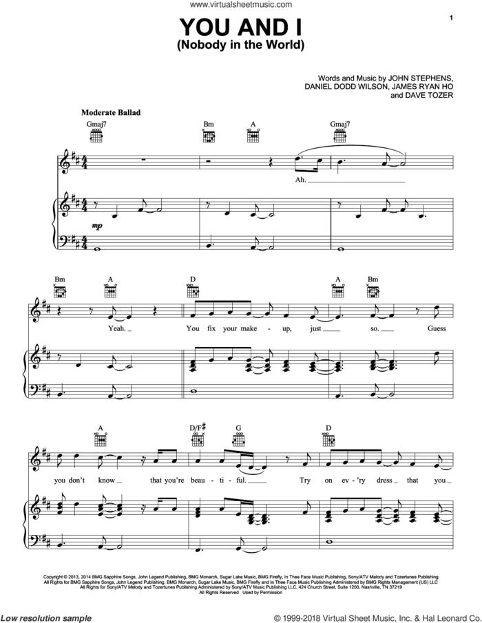 You And I (Nobody In The World) sheet music for voice, piano or guitar by John Legend, Daniel Dodd Wilson, Dave Tozer, James Ryan Ho and John Stephens, intermediate skill level