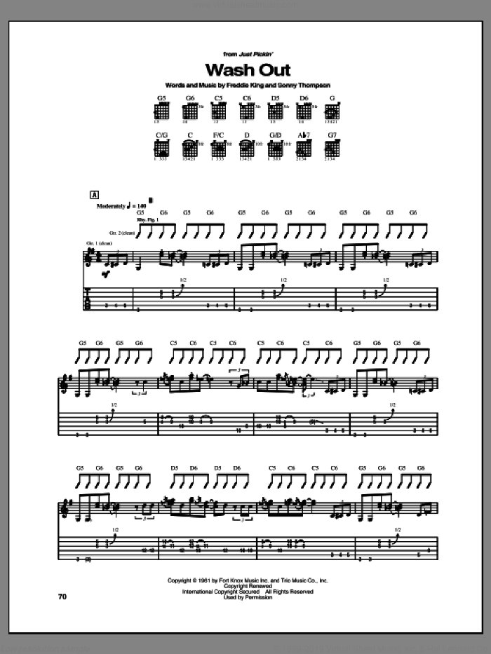Wash Out sheet music for guitar (tablature) by Freddie King and Sonny Thompson, intermediate skill level