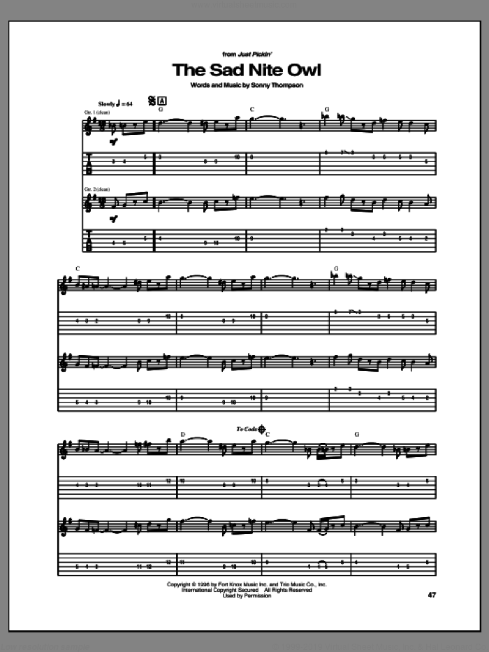 The Sad Nite Owl sheet music for guitar (tablature) by Freddie King and Sonny Thompson, intermediate skill level