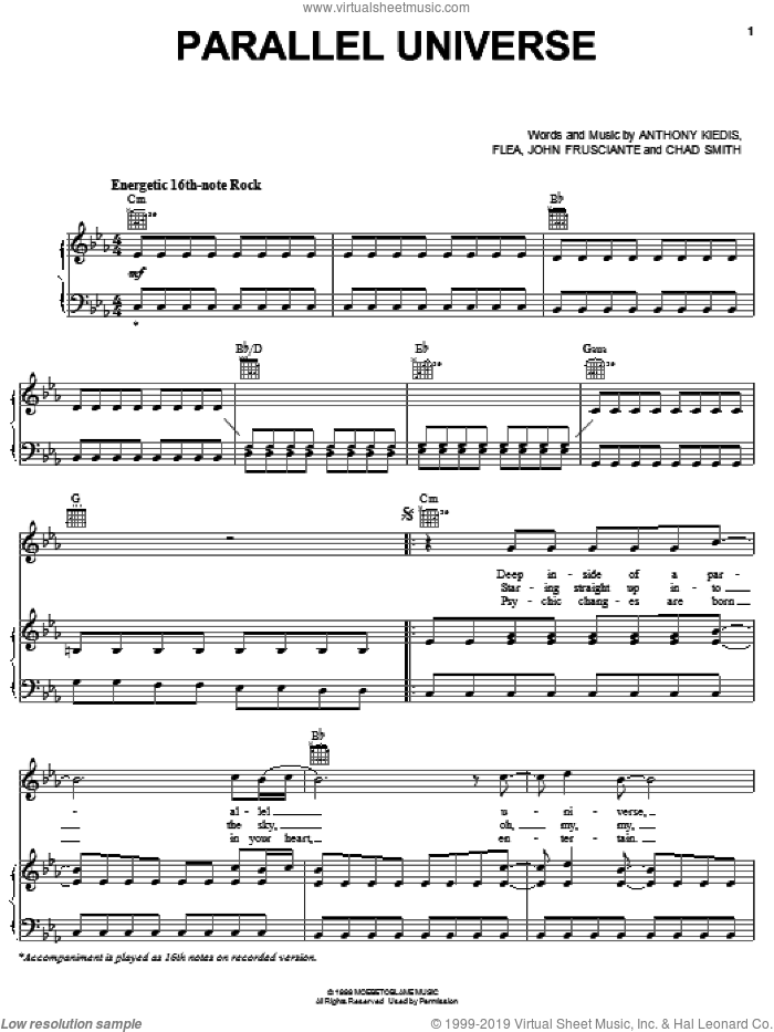 Parallel Universe sheet music for voice, piano or guitar by Red Hot Chili Peppers, Anthony Kiedis, Chad Smith, Flea and John Frusciante, intermediate skill level