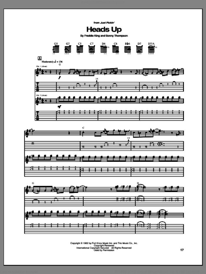 Heads Up sheet music for guitar (tablature) by Freddie King and Sonny Thompson, intermediate skill level