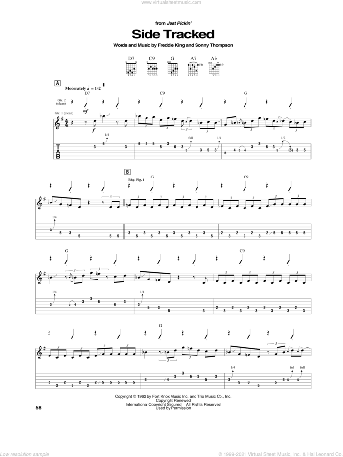 Side Tracked sheet music for guitar (tablature) by Freddie King and Sonny Thompson, intermediate skill level