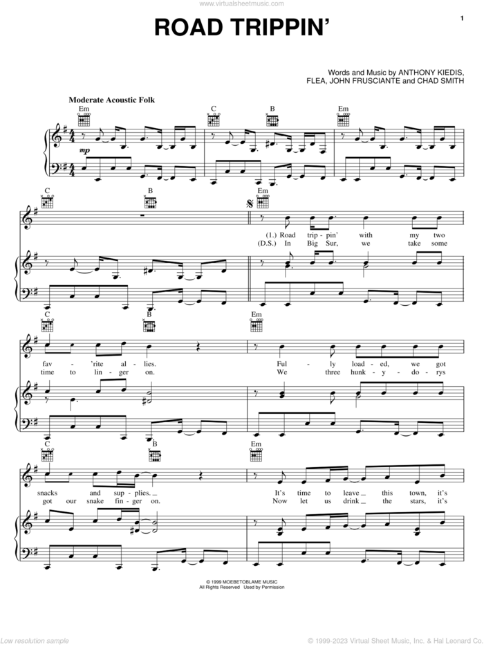Road Trippin' sheet music for voice, piano or guitar by Red Hot Chili Peppers, Anthony Kiedis, Chad Smith, Flea and John Frusciante, intermediate skill level