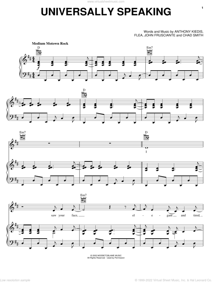 Universally Speaking sheet music for voice, piano or guitar by Red Hot Chili Peppers, Anthony Kiedis, Chad Smith, Flea and John Frusciante, intermediate skill level