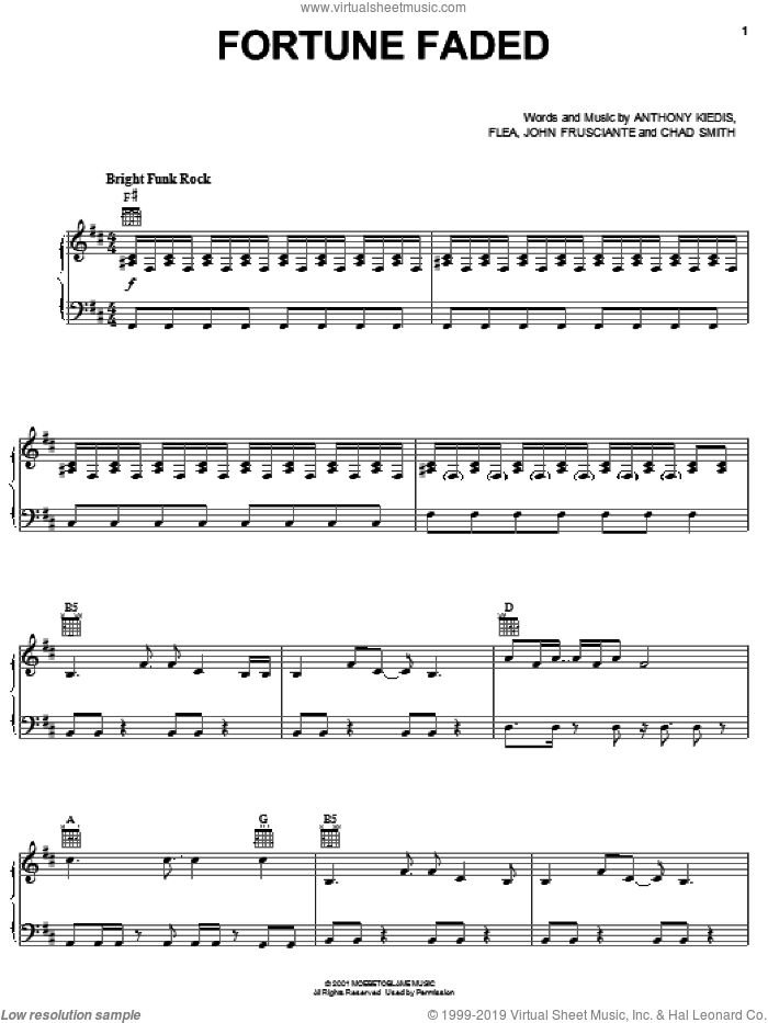 Fortune Faded sheet music for voice, piano or guitar by Red Hot Chili Peppers, Anthony Kiedis, Chad Smith, Flea and John Frusciante, intermediate skill level