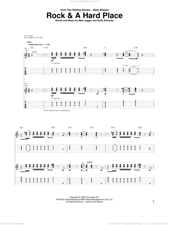 Rock And A Hard Place sheet music for guitar (tablature) by The Rolling Stones, Keith Richards and Mick Jagger, intermediate skill level