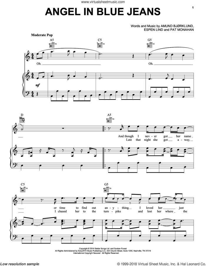 Angel In Blue Jeans sheet music for voice, piano or guitar by Train, Amund Bjorklund, Espen Lind and Pat Monahan, intermediate skill level