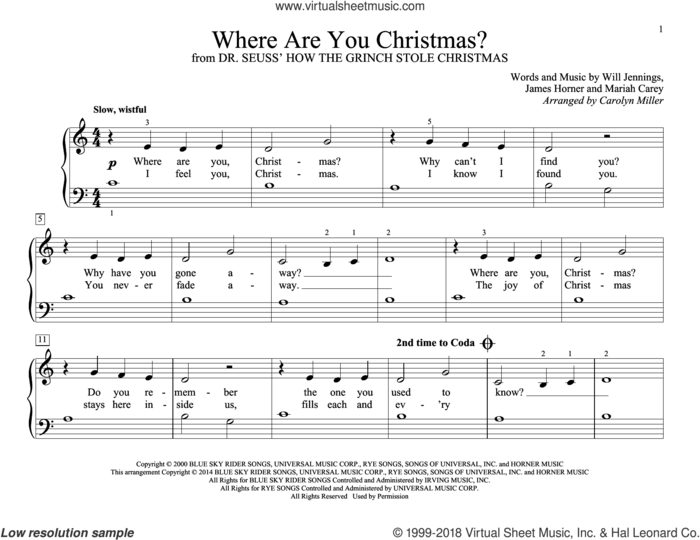 Where Are You Christmas? (arr. Carolyn Miller) (from How The Grinch Stole Christmas) sheet music for piano solo (elementary) by Faith Hill, Carolyn Miller, John Thompson, James Horner, Will Jennings and Mariah Carey, beginner piano (elementary)